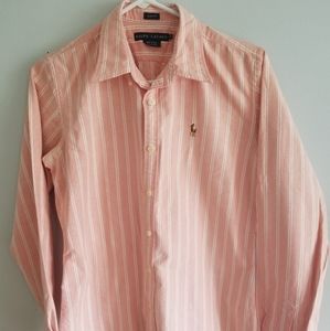 Pink/white striped long sleeve button down shirt